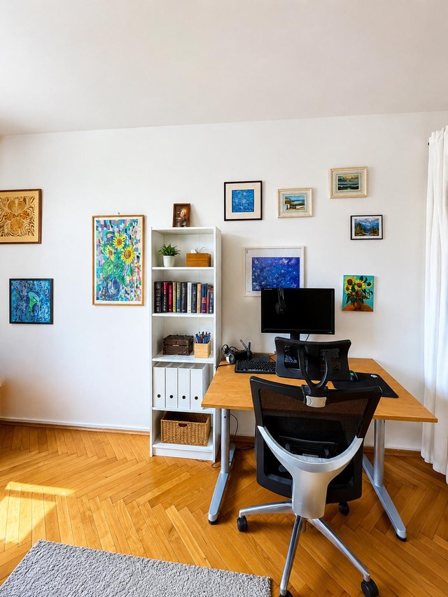 Pracovní kout s obrazy nad psacím stolem