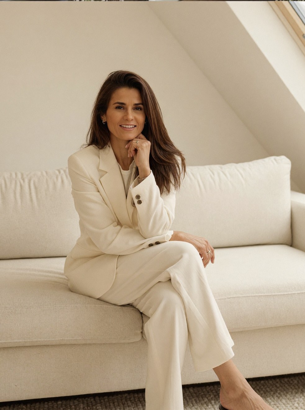 Michaela Řezáčová, v krémovém obleku
